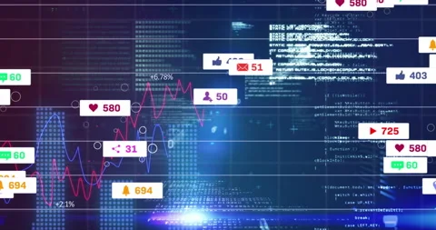 Scrolling code activating red blue graphs emerging as social metric icons Stock Footage 310437942