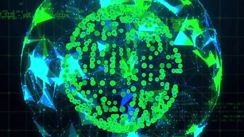 Scrolling code activating sphere emerging, rotating pulsing nodes orbiting Stock Footage 310140617