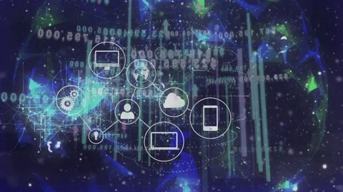 Scrolling code and pulsing bars activating cloud icon, devices appearing, Stockbeeldmateriaal 335739493