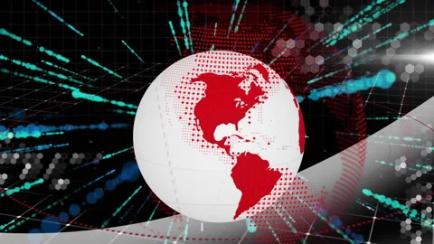 Scrolling code appearing triggers 3D globe rotating while data streaks radiate Video stock 313149528