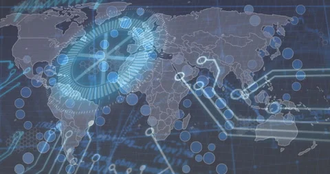 Scrolling code background initiating digital map and rotating HUD pulsing nodes Stock Footage 311505935