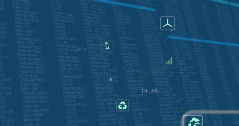 Scrolling code behind eco icons, updating data and highlighting water droplet Stock Footage 313509780