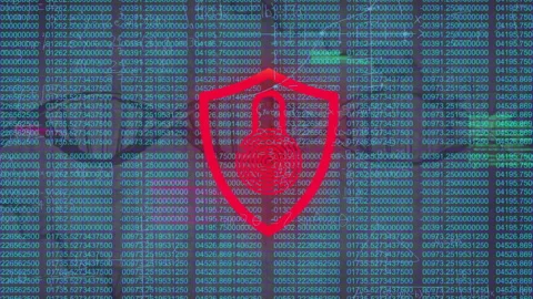 Scrolling code causing shield print icon flashing red shifting hue to green Stock Footage 315535297