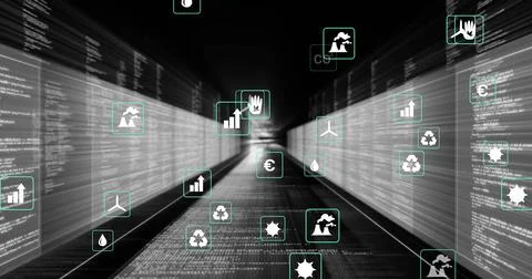 Scrolling code corridor forming virtual tunnel, with floating green energy, Stock Photos