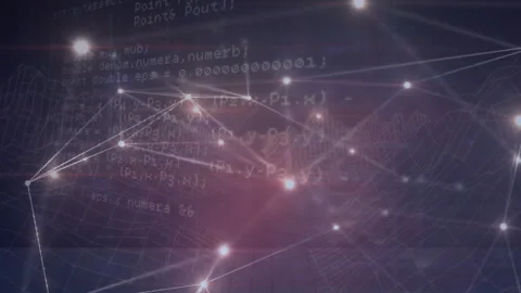 Scrolling code on dark violet starting node glow linking lines forming mesh Stock Footage 312408287