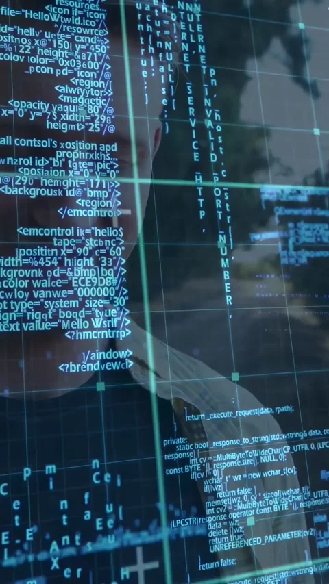 Scrolling code drawing man closer to transparent display, reading and monitoring Stock Footage 332407945