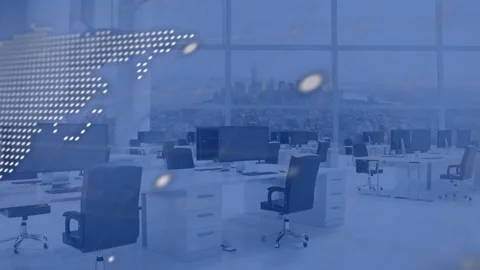 Scrolling code driving dotted map overlay shifting, revealing office, flares Stock Footage 332405109
