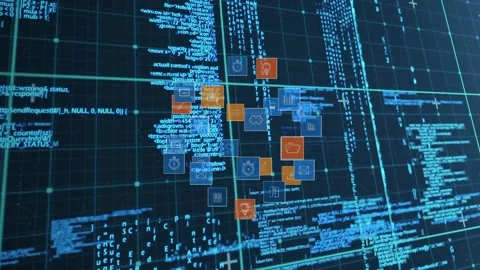 Scrolling code driving icons into dense ring, phone and chart icons rotating, Stock Footage 330237141