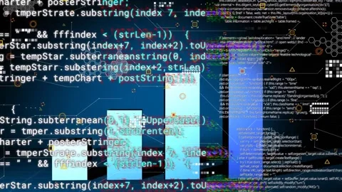 Scrolling code driving panels forming five bars, showing glitch bands, alerts Stock Footage 334418906