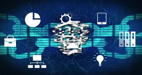 Scrolling code initiating cloud icon glitching into shield-padlock icon ensuring Stock Footage 313639853
