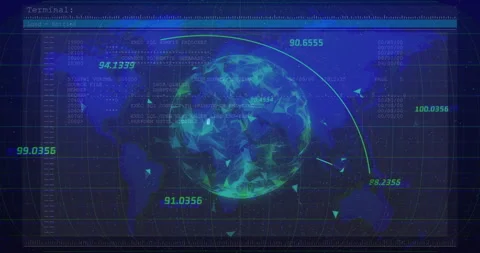 Scrolling code initiating globe emerging, animating arcs linking continents for Stock Footage 310970782