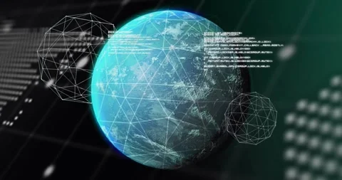 Scrolling code initiating globe spin, orbiting wireframes overlaying code Stock Footage 330474579