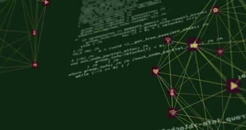 Scrolling code initiating network nodes emerging, linking into social icon web Stock Footage 312656977
