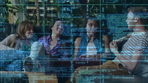 Scrolling code overlay animating tech team leaning forward on leather sofa, Stock Footage 320127971