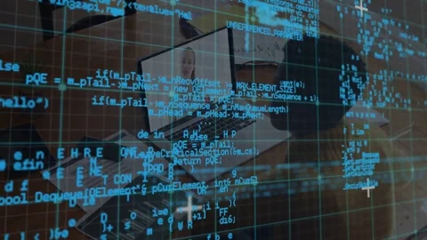 Scrolling code overlay revealing workspace while seated woman using laptop for Stock Footage 331713560