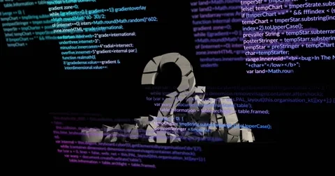 Scrolling code overlaying while stone number 2 shedding blocks and showing Stock Footage 318259767