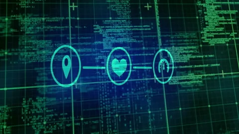 Scrolling code pin heart and gauge icons fading, lines connecting and pulsing Stock Footage 311663706