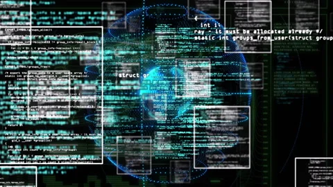 Scrolling code screen initiating 3D globe panels clustering around rotating Stock Footage 311141578