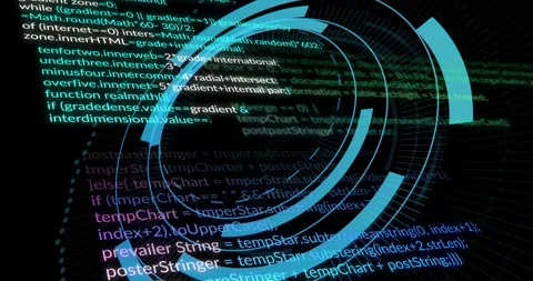 Scrolling code screen starting circular HUD graphic fading in, rotating and Stock Footage 317157028