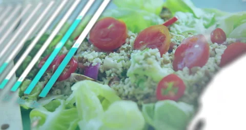 Scrolling code sliding bars, fading pie chart, linking nodes map on salad plate Stock Footage 312905081