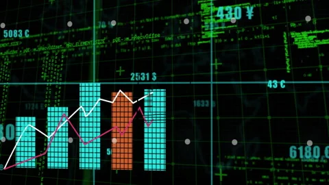 Scrolling code sparking aqua bars forming on grid, white magenta lines rising Stock Footage 311417116