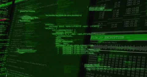 Scrolling code splitting, revealing encryption panel, brightening label, fading Stock Footage 311519572