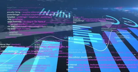 Scrolling code starting 3D bar chart moving arrow and data line updating Stock Footage 317275509