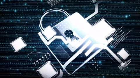 Scrolling code starting central square morphing into glowing padlock symbolizing Stock Footage 311141231