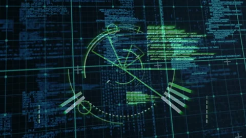 Scrolling code starting HUD animation, rotating line pulsing bars expanding Stock Footage 315356860
