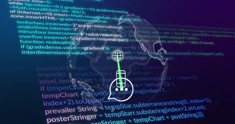Scrolling code starting mesh globe appearing, rotating and linking phone icons, Stock Footage 328684532