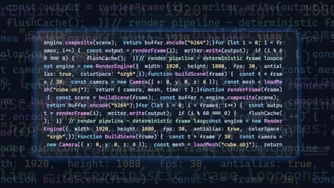 Scrolling computer code on a dark screen representing software development and Stockbeeldmateriaal 343159569
