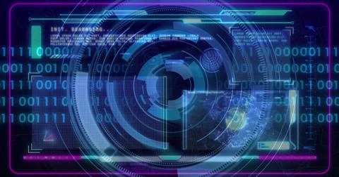 Scrolling concentric ring interface over futuristic panel, with binary digits 写真素材