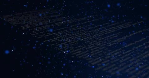 Scrolling diagonal code text panel across digital space, with floating blue Illustrazione stock