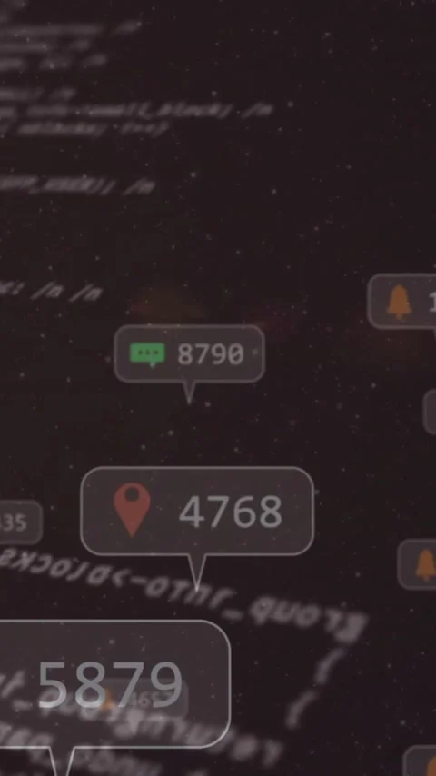 Scrolling digital code with floating animation of notifications and location Stock Footage 344370368