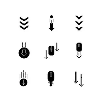 Scrolling down arrows black glyph icons set on white space. Computer mouse an Illustrazione stock