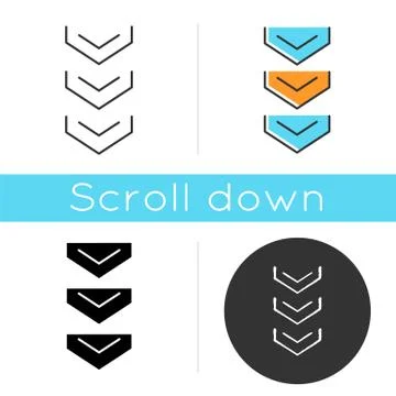 Scrolling down arrows button icon. Three downward arrowheads. Downloading pro 스톡 일러스트
