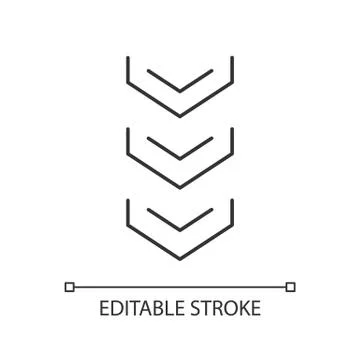 Scrolling down arrows button pixel perfect linear icon. Three downward arrowh Stock Illustration
