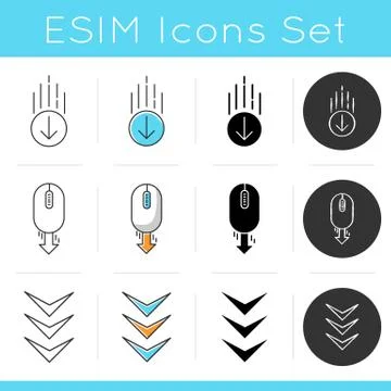Scrolling down arrows icons set. Computer mouse and arrowheads in circles but Illustrazione stock