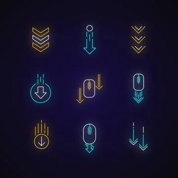 Scrolling down arrows neon light icons set. Computer mouse and arrowheads in  イラスト素材