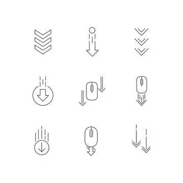 Scrolling down arrows pixel perfect linear icons set. Web cursor. PC elements Stock Illustration