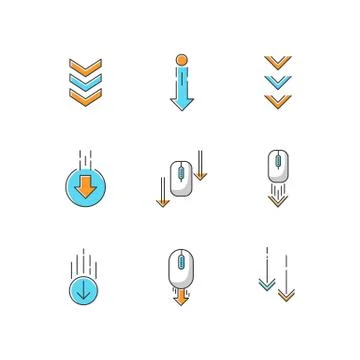 Scrolling down arrows RGB color icons set. Computer mouse and arrowheads in c イラスト素材
