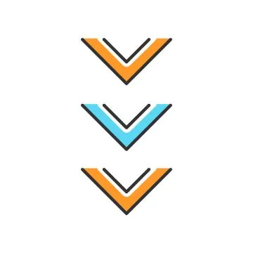 Scrolling down button blue and orange RGB color icon. Three downward arrows f Stock Illustration