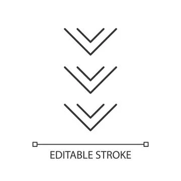 Scrolling down button pixel perfect linear icon. Three downward arrows for mo Illustrazione stock