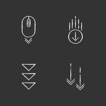 Scrolling down chalk white icons set on black background. Moving arrows. Web  Illustrazione stock