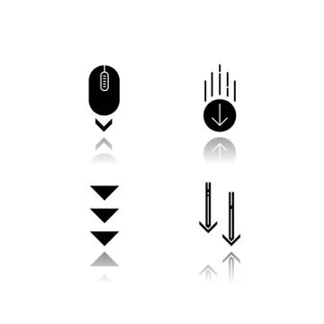 Scrolling down drop shadow black glyph icons set. Computer mouse and arrowhea 스톡 일러스트