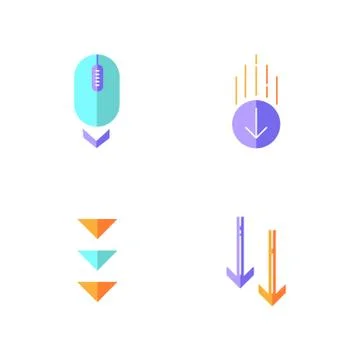 Scrolling down flat design cartoon RGB color icons set. Computer mouse and ar Stock Illustration