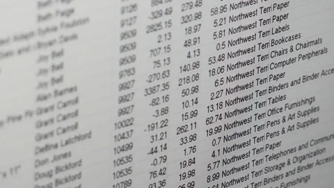 Scrolling down on a spreadsheet of numbers Stock Footage 89997973