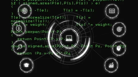 Scrolling green C++ code initiating HUD emergence, rotating rings, illuminating Stock Footage 310141060