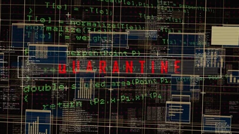 Scrolling green code and GUI sparking red letters forming QUARANTINE, indicating Stock Footage 340750803