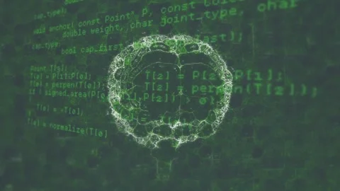 Scrolling green code initiating outline forming glowing brain filling pulsing Stock Footage 320127779